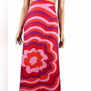 Zara linen cotton blend abstract print back slit midi skirt with ties sz.XS